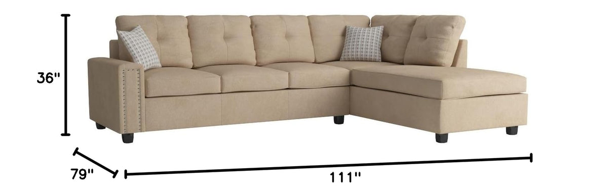 Velvet Sectional with Pillow in Beige