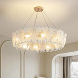 White Glass Leaf Round Ceiling Hanging Lamp Modern Crystal Raindrop Chandelier LED