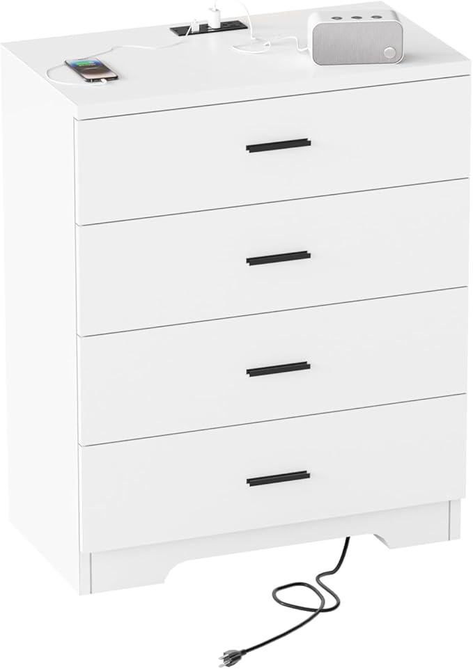 Dresser for Bedroom White Dresser with Power Outlets Wood 4 Drawer Dresser