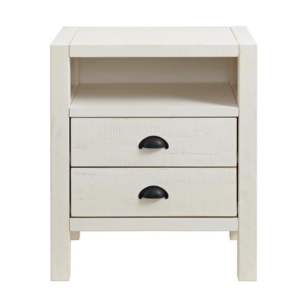 Arden 2-Drawer Nightstand, Solid Pine Wood, Driftwood White Finish, Rustic Design