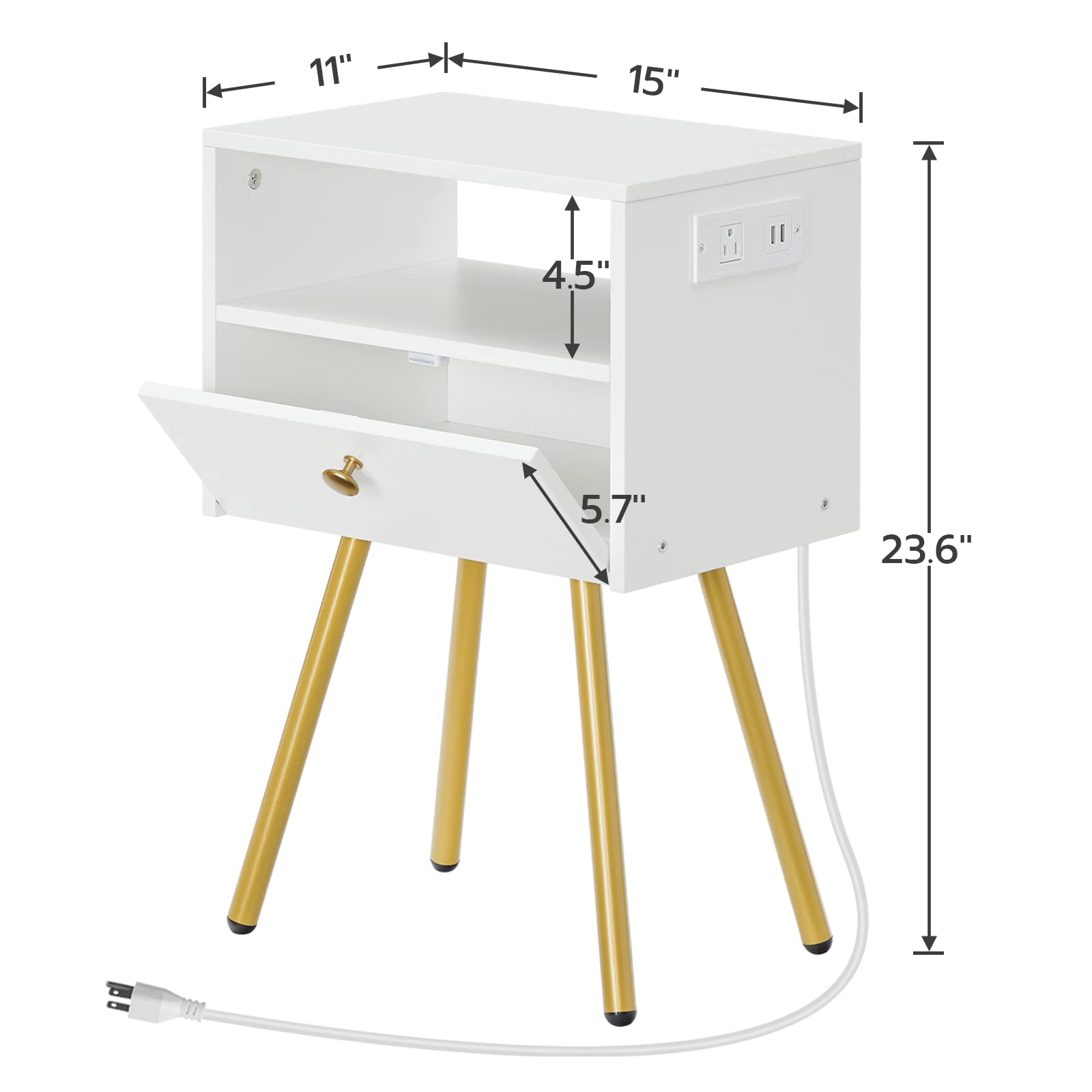 Nightstand with Charging Station, Tall End Table, Side Table