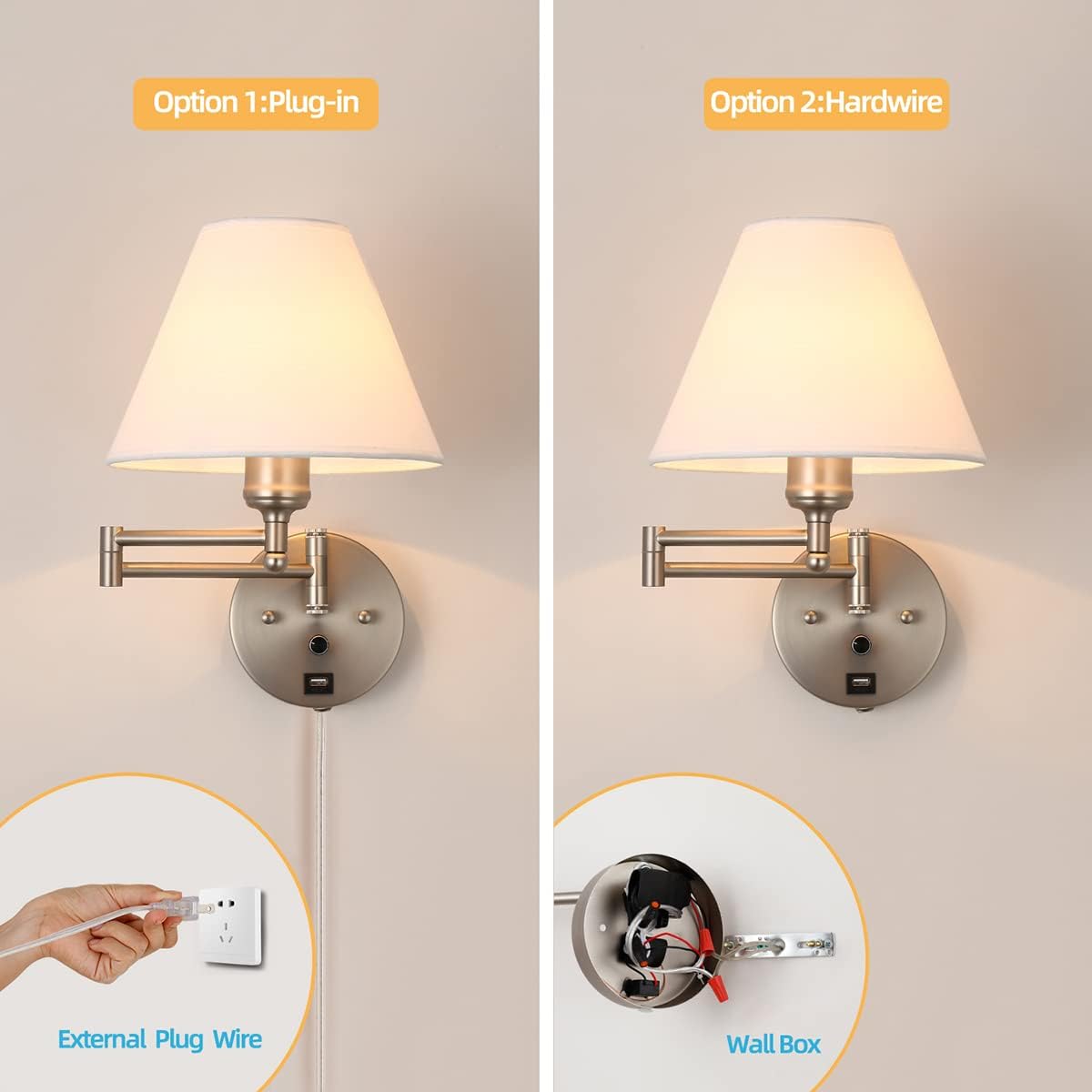 Swing Arm Wall Sconces, Plug-in Wall lamp,Bedroom Wall lamp ， White Fabric Shade，，with dimmable Switch and USB Charging Port, Suitable for Bedside, Living Room, Reading (Nickel)