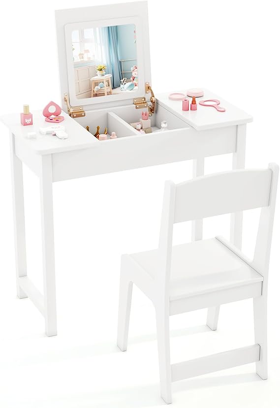 Kids Vanity, Wooden Girls Vanity Desk with Flip Top Mirror, Hidden Storage Space