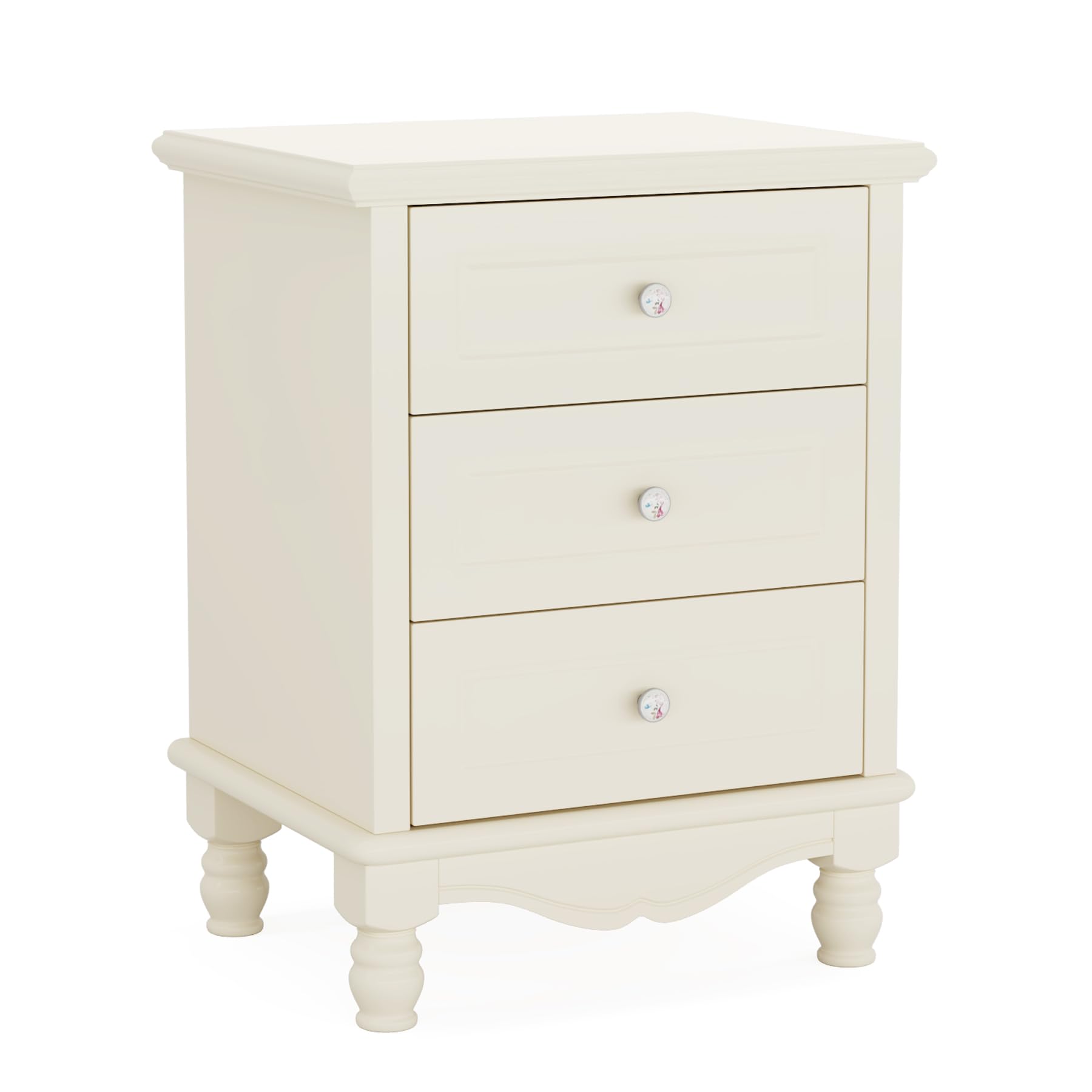 3-Drawer Nightstand, White Night Table for Bedroom, All-Wood Bedside Table