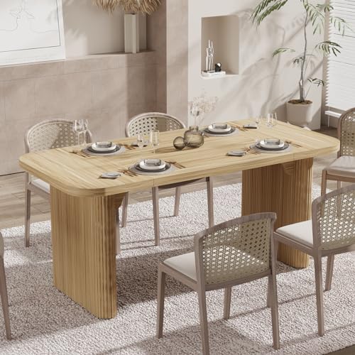 Dining Table for 4-6, Rectangular Wood Kitchen Table with Double Pedestal