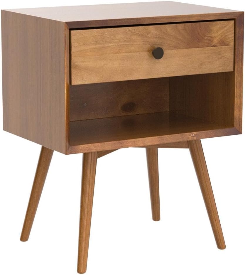 Ella Mid-Century Modern 2-Piece 1-Drawer Solid Wood Nightstand Set, 2 Pack, Caramel