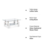 Rectangle Glass Coffee Table-White Modern Side Coffee Table with Lower Shelf Metal Legs