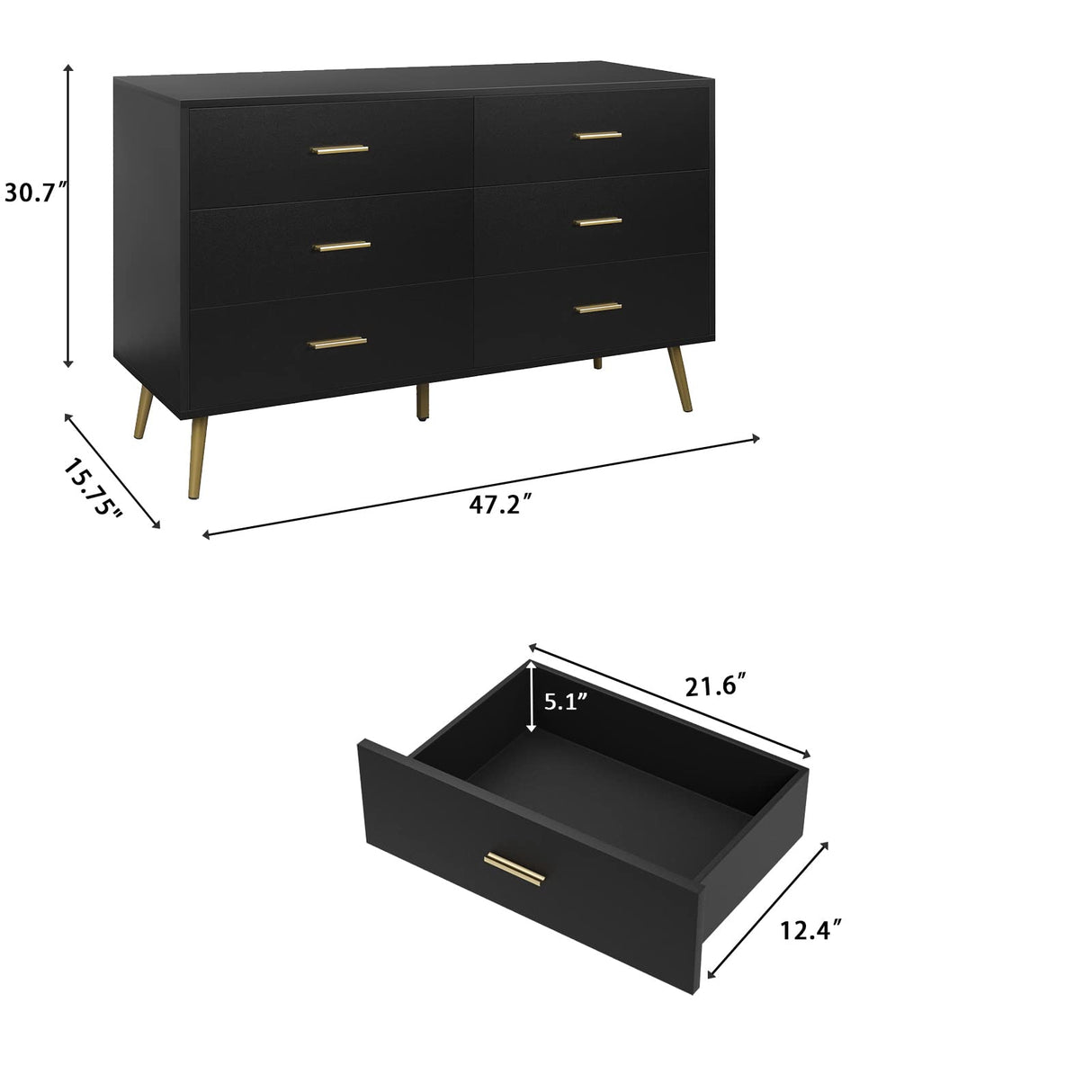 Dresser for Bedroom with 6 Drawers, Wooden Black Dresser with Golden Handles, Modern Chests of Drawer Storage Organizer for Hallway, Entryway