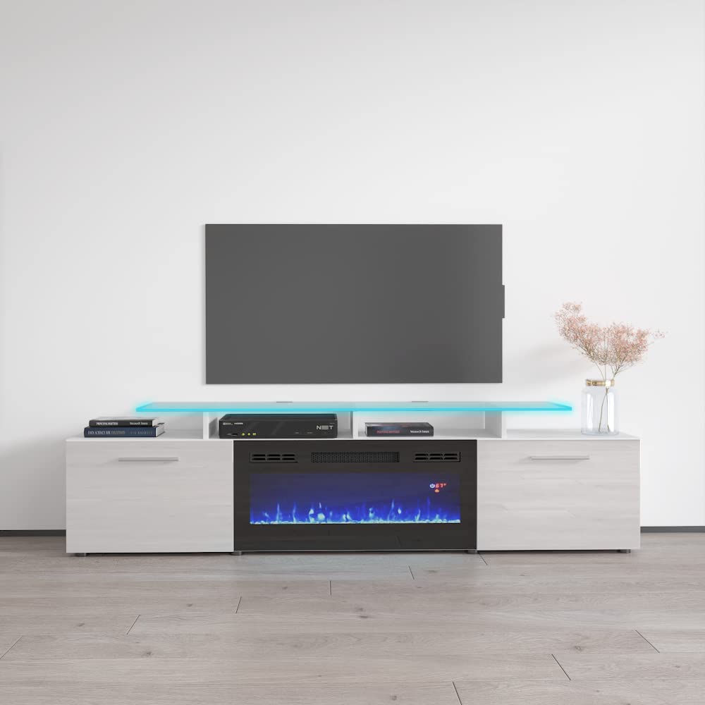 Rova BL-EF Fireplace TV Stand for TVs up to 85", Modern High Gloss 75" Entertainment