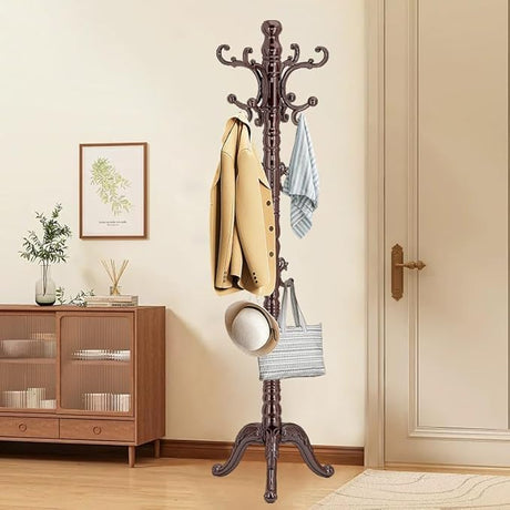 Wood Coat Rack Stand, Wooden Coat Rack Freestanding with Sturdy Round Base, Coat Racks