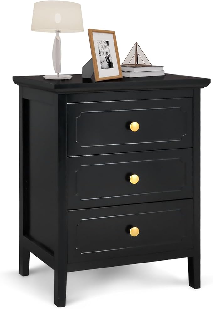 3 Drawer White Nightstand Wooden Large Night Stands with Gold Handle 19 Inch Modern