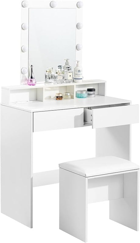 Desk with Mirror and Lights, Make Up Vanity Desk Set, Make Up Table and Stool Set