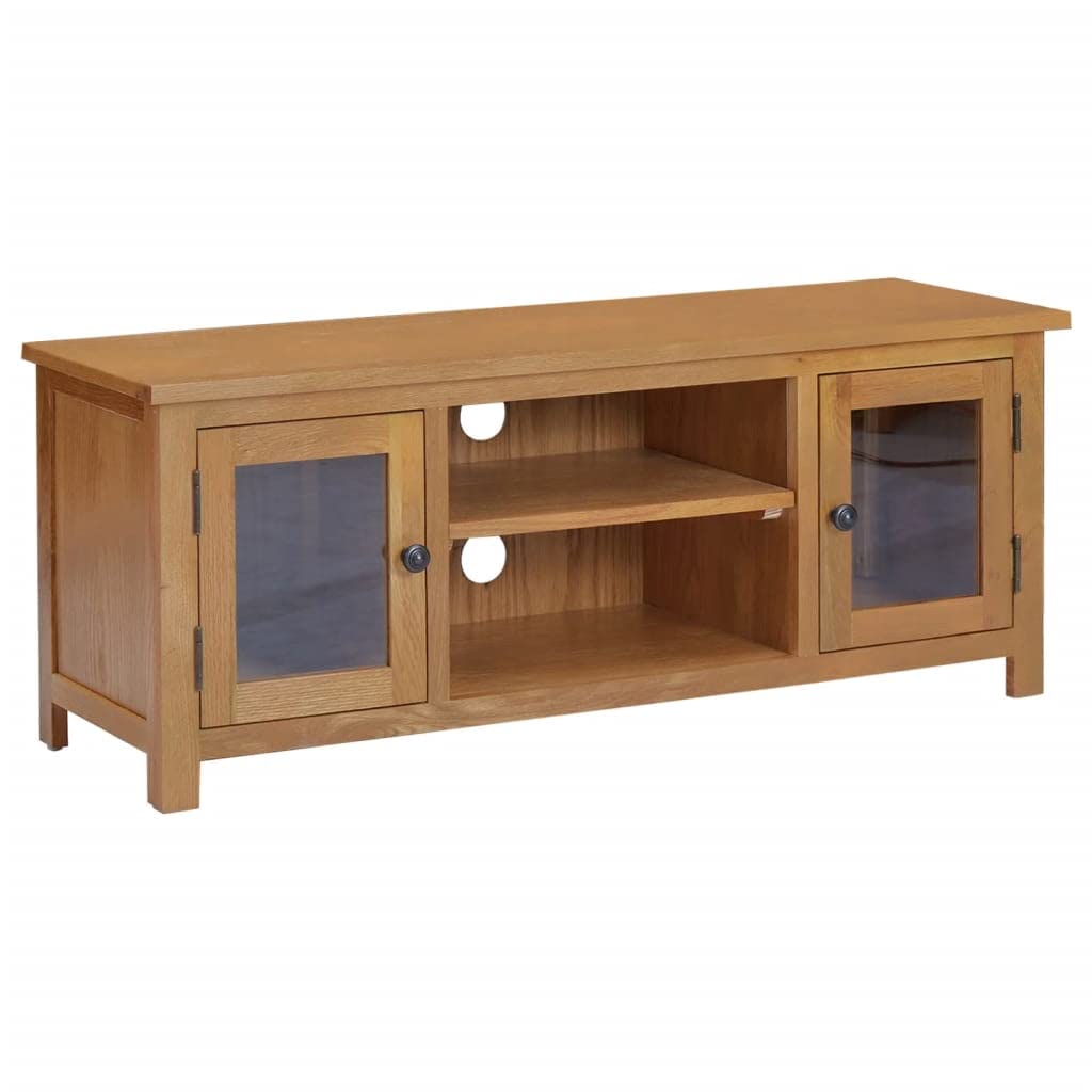 TV Stand - Durable Solid Oak Wood TV Cabinet with Doors and Open Compartments for Storage