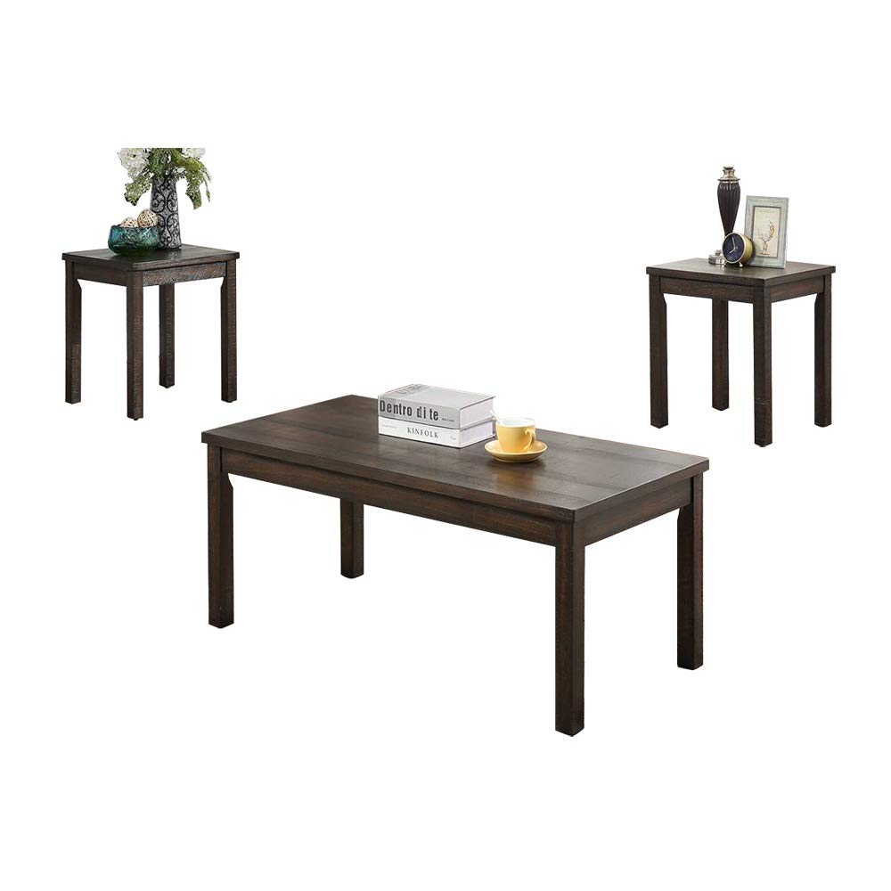 Dark Brown Pine Wood 3 Piece Coffee Table Set