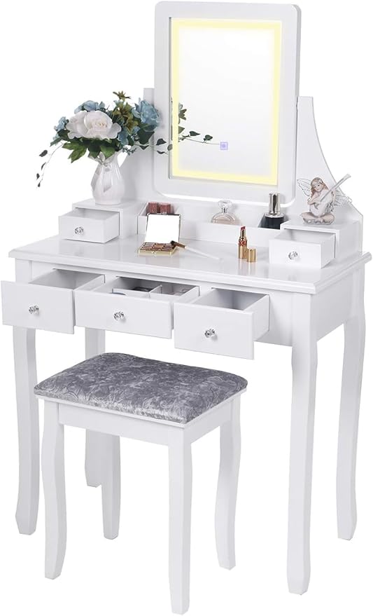 Vanity Set with Mirror & Cushioned Stool Dressing Table Vanity Makeup Table 5 Drawers 2e Organizers White FST01W