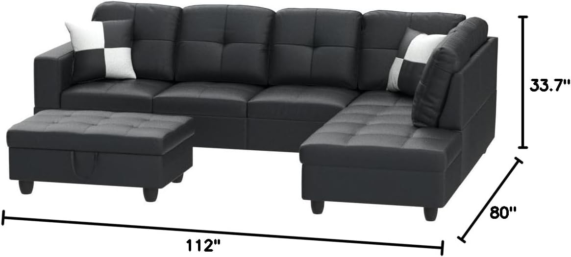 3 Piece Living Room Furniture Sets, L-Shaped Sectional Sofa with Storage Ottoman