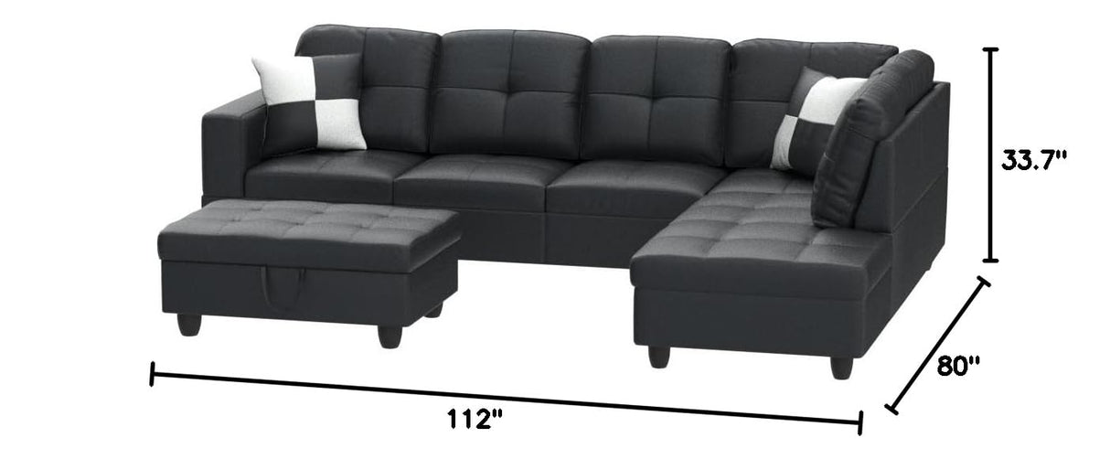 3 Piece Living Room Furniture Sets, L-Shaped Sectional Sofa with Storage Ottoman