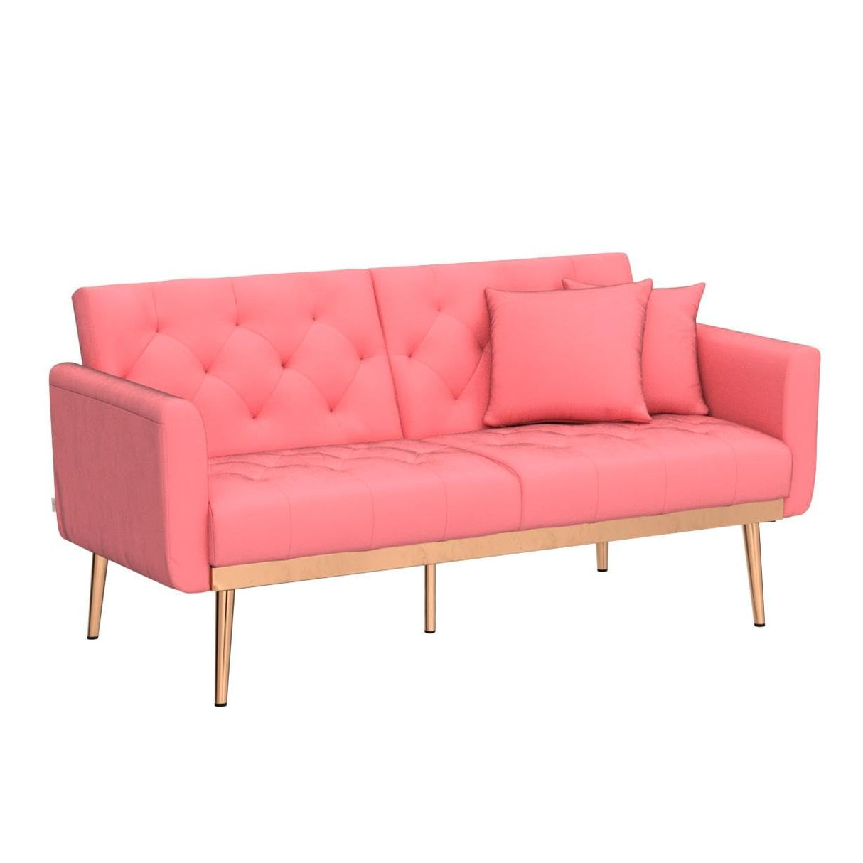 Convertible Velvet Futon Sofa Bed, Upholstered Loveseat Sleeper Couch with 3 Reclining Angles and 2 Pillows, Modern Living Room Sofa Couch with 5 Solid Metal Legs for Guest Room, Office, Peach