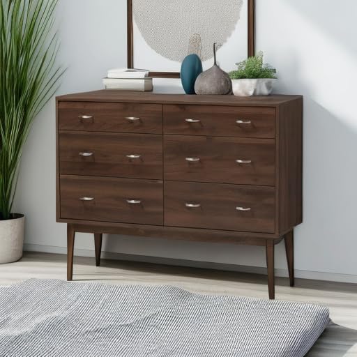 Mid-Century Modern Walnut Brown Finished 6-Drawer Dresser