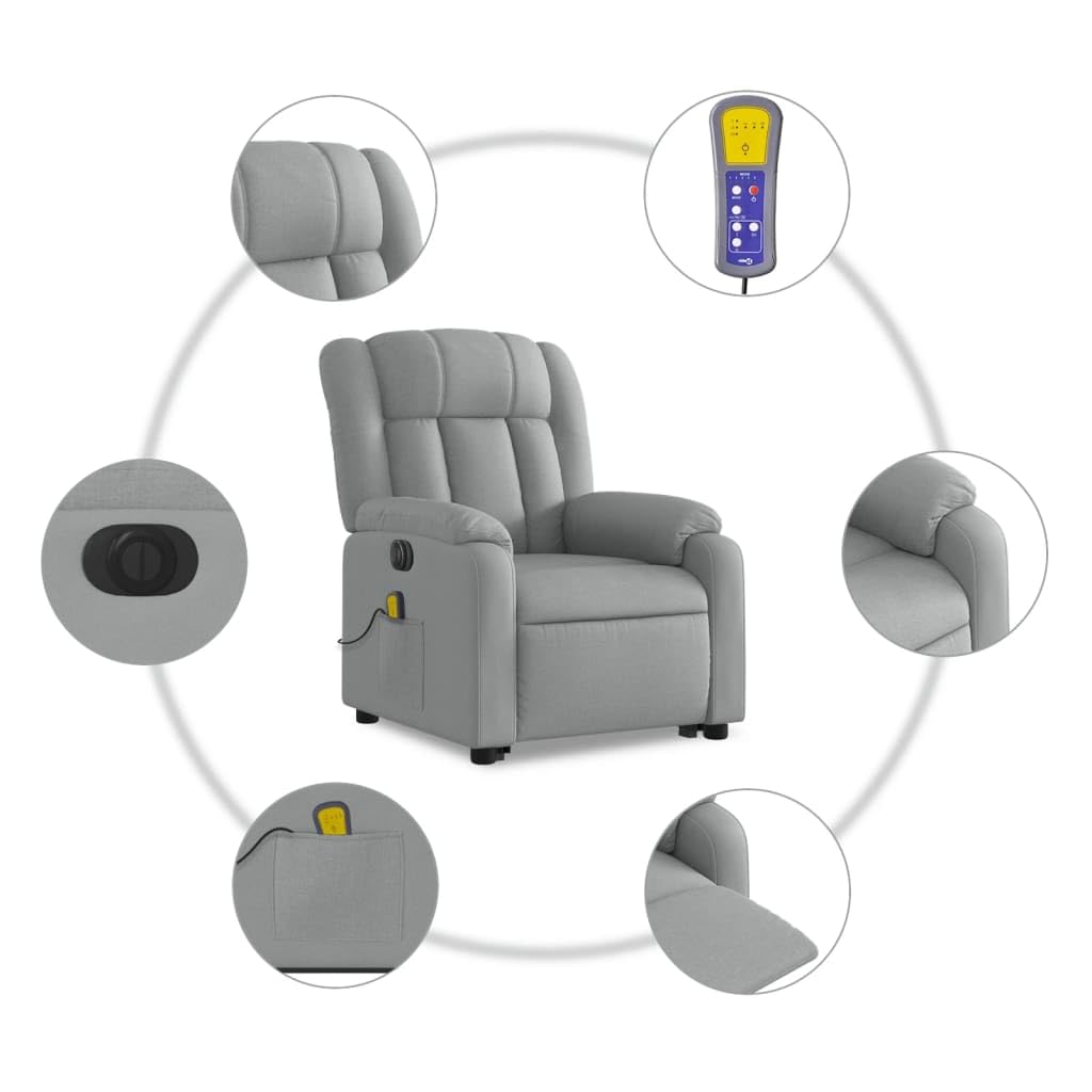 Electric Massage Recliner Chair - Power Lift, Motorized Footrest/Backrest, Vibration Massage, Plush Fabric Seating, Light Gray