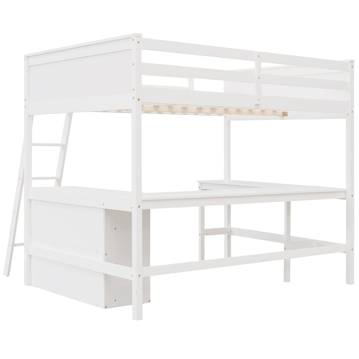 Full Size Loft Bed with Shelves and Desk, Wooden Loftbed Frame with w/Ladder for Kids