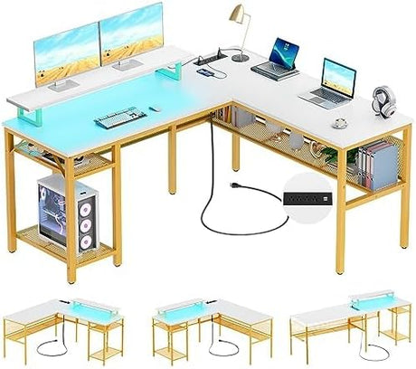 Reversible L Shaped Desk with Power Outlets and Smart LED Light, 55 Inch Computer Office Desk