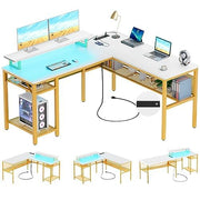 Reversible L Shaped Desk with Power Outlets and Smart LED Light, 55 Inch Computer Office Desk