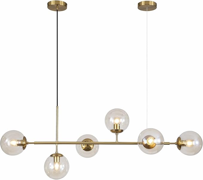 Lighting Globe Linear Chandelier 6 Light Amber Glass Pendant Light Fixture Gold Kitchen