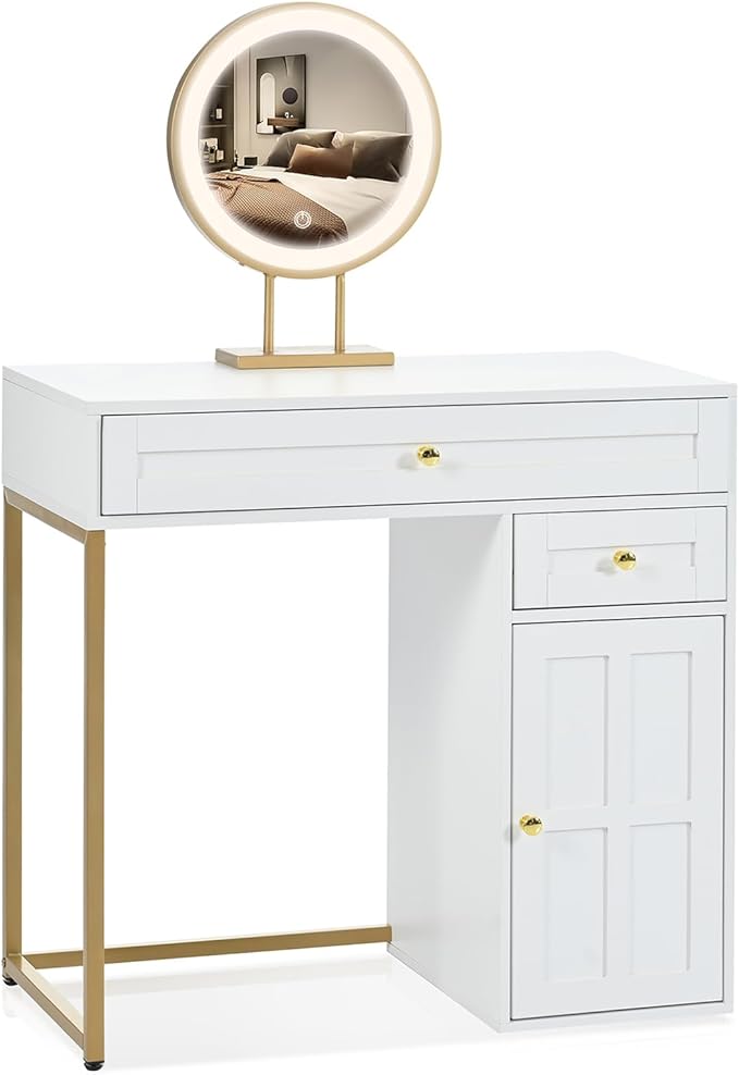 Modern Vanity Desk with Mirror and Lights, 31.57" Makeup Vanity with 2 Storage Drawers and Cabinet