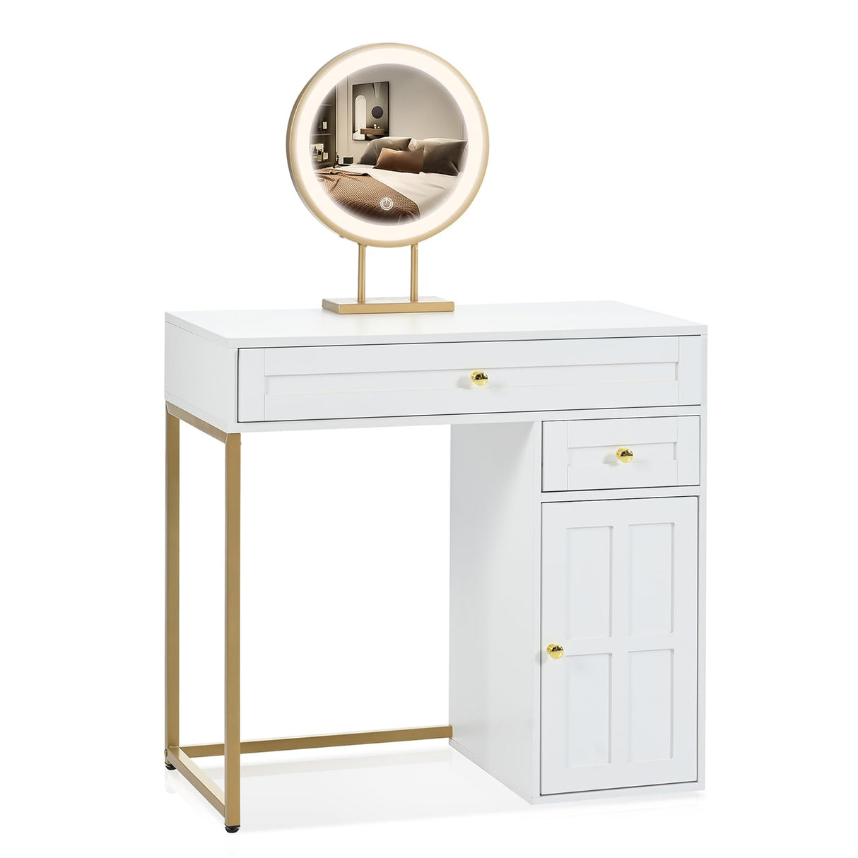 Modern Vanity Desk with Mirror and Lights, 31.57" Makeup Vanity with 2 Storage Drawers and Cabinet