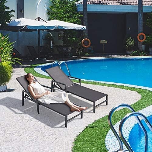 Outdoor Patio Lounge Chair Set of 2, Aluminum Chaise Lounge Outdoor with 5 Adjustable