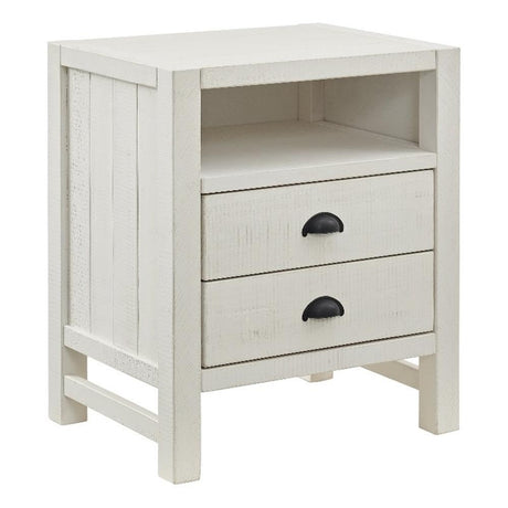 Arden 2-Drawer Nightstand, Solid Pine Wood, Driftwood White Finish, Rustic Design