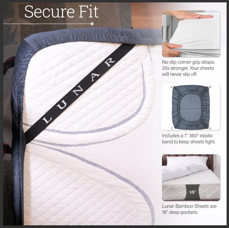 Lunar - Pure 100 Percent Rayon Derived from Bamboo Bed Sheet Set w/Corner Straps, for Hot Sleepers, Soft, Lightweight, Extra Deep Pockets 18” (One Set) (Glacier Blue, Split King)