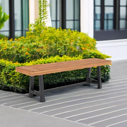 Outdoor Acacia Wood Bench, 63" Long Patio Wooden Picnic Bench
