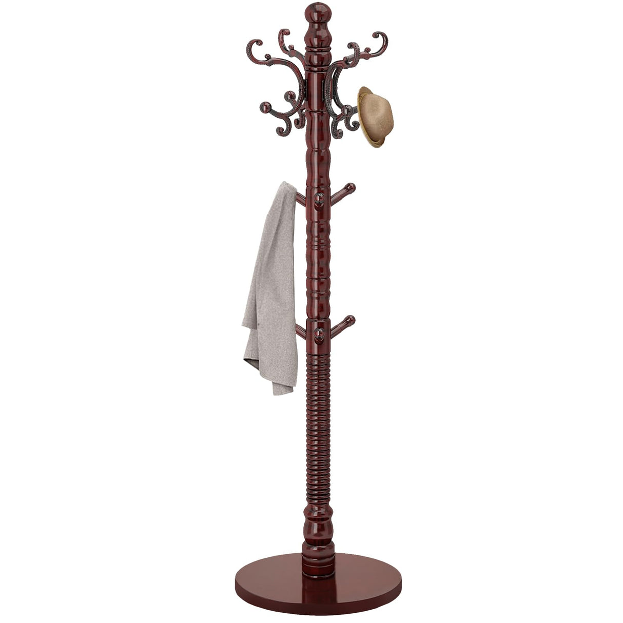 Wood Coat Rack Stand, Wooden Coat Rack Freestanding with Sturdy Round Base, Coat Racks