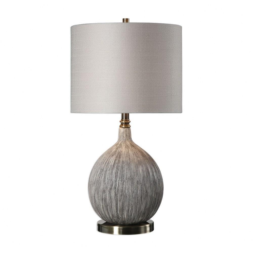 Textured 1 Light Ivory Ceramic Table Lamp with Beige Linen Round Hardback Drum Shade, 3-Way Switch