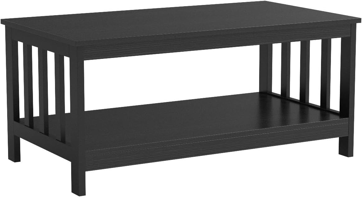 Mission Coffee Table, Black Wood Living Room Table with Shelf, 40 Black