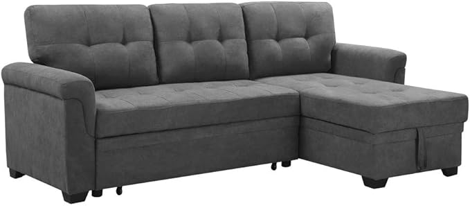 Lucca 84" W Dark Gray Linen Reversible Sleeper Sectional Sofa with Storage Chaise