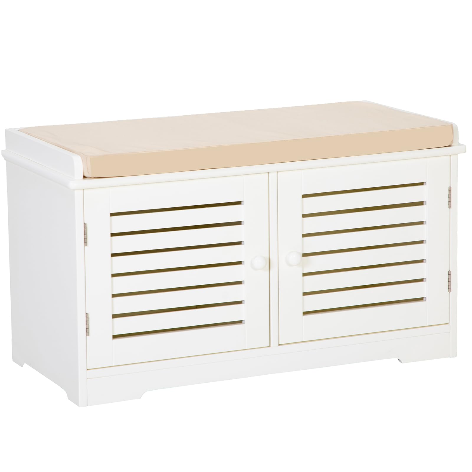 White Storage Shoe Bench for Entryway Hallway, Premium MDF Shoe Rack Cabinet with 2 Doors, Adjustable Shelf, Padded Seat Cushion - Beige