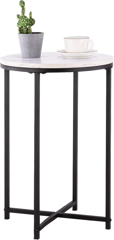 Round End Table, Faux Marble Sofa Table, Accent Side Table with Metal Frame, Modern