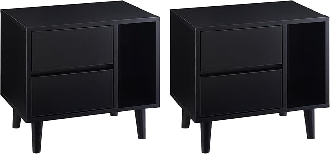 Set of 2 Modern Nightstand with 2 Drawers, Open Storage & Solid Wood Legs, Bedside