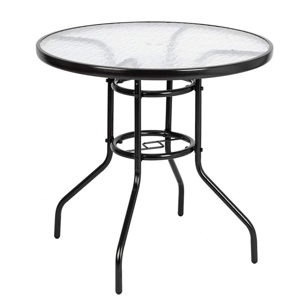 Round Patio Table with Umbrella Hole, 32" Outdoor Dining Table Steel Tempered Glass Patio Table
