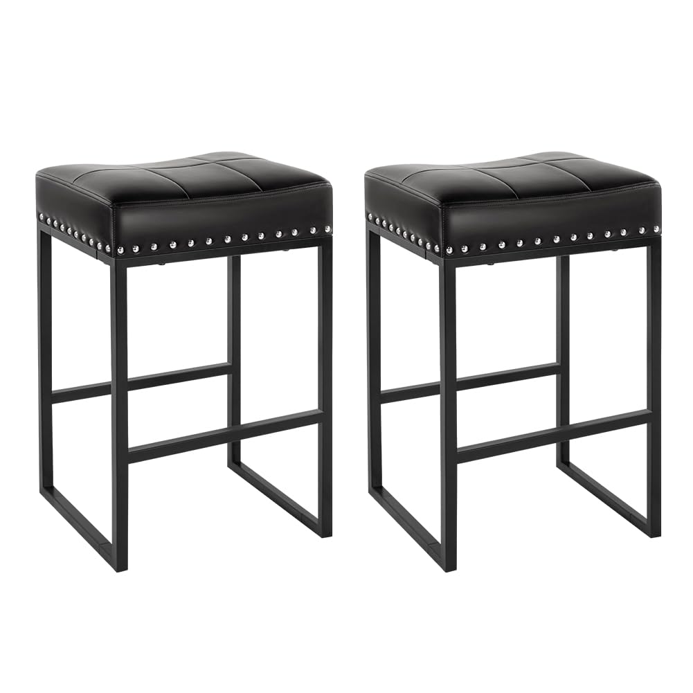 Bar Stools Set of 2 Counter Height Stools 24-Inch Saddle Seat PU Leather Kitchen Stools