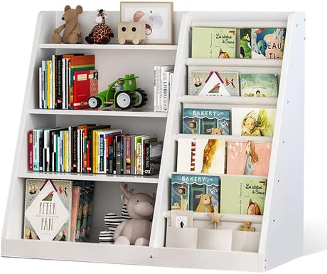 Kids Bookshelf and Toy Storage Organizer, 4 Tier Wooden Kids Book Shelf with Sling Book