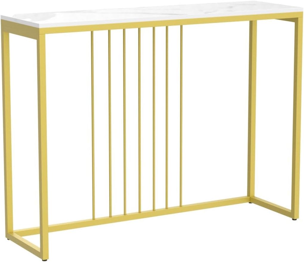 Sintered Stone Console Table: White Entryway Table with Golden Frame - Modern Narrow Table Behind Sofa