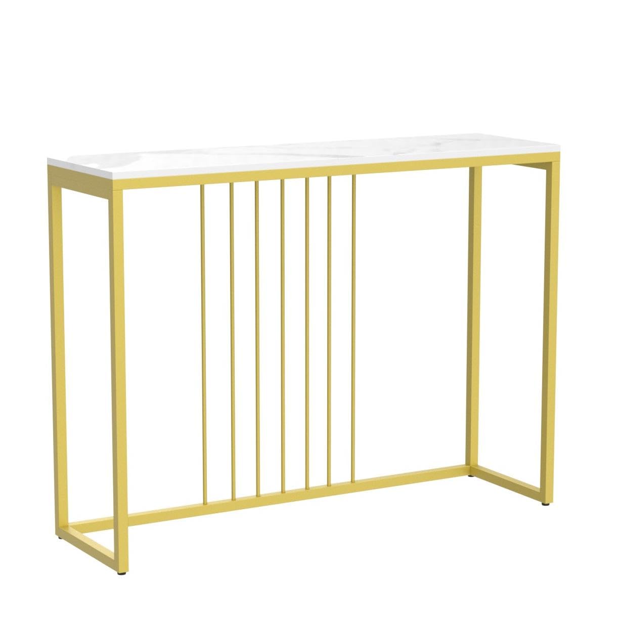 Sintered Stone Console Table: White Entryway Table with Golden Frame - Modern Narrow Table Behind Sofa