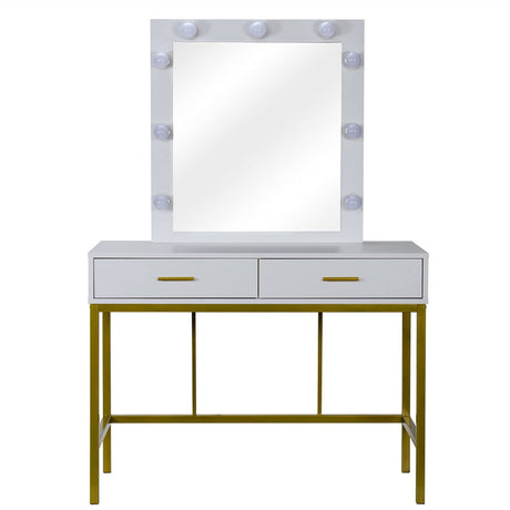 Table White Dressing Table Golden Steel Frame Square Mirror with 2 Drawer 9 Light Bulb