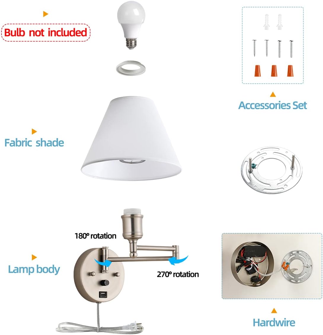 Swing Arm Wall Sconces, Plug-in Wall lamp,Bedroom Wall lamp ， White Fabric Shade，，with dimmable Switch and USB Charging Port, Suitable for Bedside, Living Room, Reading (Nickel)