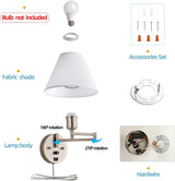 Swing Arm Wall Sconces, Plug-in Wall lamp,Bedroom Wall lamp ， White Fabric Shade，，with dimmable Switch and USB Charging Port, Suitable for Bedside, Living Room, Reading (Nickel)