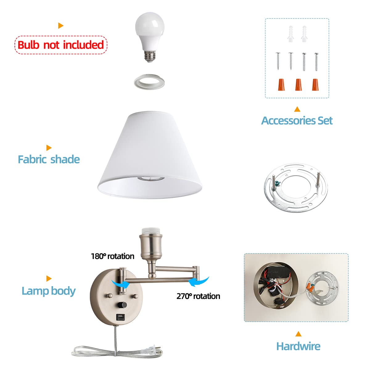 Swing Arm Wall Sconces, Plug-in Wall lamp,Bedroom Wall lamp ， White Fabric Shade，，with dimmable Switch and USB Charging Port, Suitable for Bedside, Living Room, Reading (Nickel)